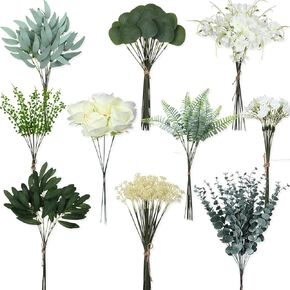 160 Pcs 10 Kinds Mixed Eucalyptus Leaves Stems Bulk Artificial Eucalyptus Leaves Picks Faux Greenery Branches Dried Eucalyptus Bundle Fake Plants Bouquets for Wedding Bridal Decor