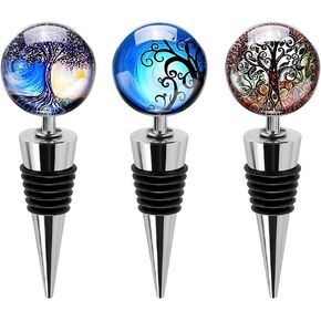 Soleebee 3 Pack Decorative Wine Stoppers, Wine Bottle Stopper with Beautiful Art Glass, Reusable Beverage Bottle Stoppers for Bar, Gifts, Holiday Party, Kitchen Decor (Tree of Life)