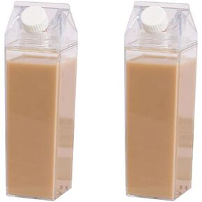 2 Packs Milk Carton Water Bottles, 500ml/17oz Clear Square Drinking bottle, Leakproof Creative BPA Free Water Bottle, Plastic Reusable Bottle for Sports, Picnics, Parties, Outdoor Activities