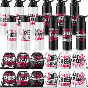 Hushee 24 Pcs 25 oz Cheer Water Bottles and Cheer Backpack for Cheerleaders Set Include 12 Aluminum Team Water Bottles 12 Drawstring Gym Bag Bulk Cheerleading Gifts for Athletes Sports Team Members