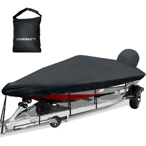 Boat Cover 16-18.5ft, Bass Tracker Boat Cover with Sand Bag Mooring Kit, 1200D Marine Canvas Waterproof Heavy Duty Boat Covers for 16 feet 17ft 18' Foot V Hull Bass Boat Runabout Boat, Gray