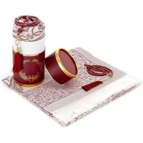 Muslim Prayer Rug and Prayer Beads with Elegant Cylinder Gift Box | Janamaz | Sajadah | Soft Islamic Prayer Rug | Islamic Gifts Set | Prayer Carpet Mat, Taffeta Fabric, Black