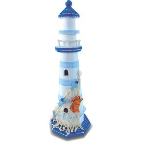 COTA Global Light Blue Stripes Lighthouse Decor - Handmade and Crafted Wooden Lighthouse Decoration with Crab, Decorative Beach Style Tabletop Centerpiece – 12.25 Inches