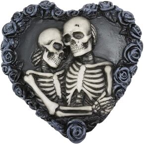 Ebros Day of The Dead Till Death Do Us Part Gothic Skeleton Couple Embracing Heart Shaped Black Roses Wreath Decorative Jewelry Box Figurine 5"L Halloween Stash Trinket Storage Container Sculpture