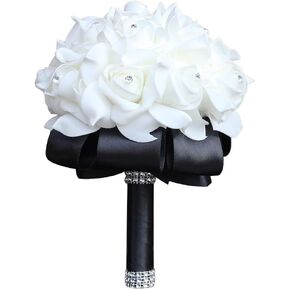 Wedding Bouquet, Black Bouquet for Bride Bridesmaid with Diamond Soft Ribbons, Artificial Rose Bridal Holding Flowers for Party Church