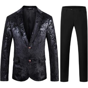 TRONSTORE Men's Velvet Slim Fit 2 Piece Suits Two Button Pattern Suit Jacket Pants Party Prom