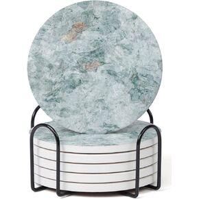 Set of 6 Blue Abstract Onyx Marble Coasters with Holder, Absorbent Ceramic Coasters for Drinks, Coasters with Cork Backing for Table Protection, Home Decor, Coffee Table Decor