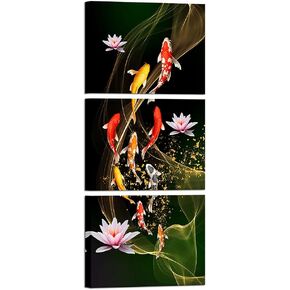 canvbay 3 قطعة تسعة كوي الأسماك قماش اللوحة جدار الفن فنغ شوي محظوظ الكارب في لوتس بركة صورة يطبع اللوحة الصينية التقليدية ملصق للحمام غرفة سبا ديكور مؤطرة 12x16inchx3pcs