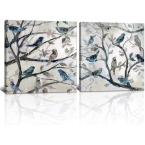 Derkymo 2 Piece Blue Birds on Tree Branch Wall Art Vintage Artwork Framed Giclee Canvas Prints Animal Wall Decor Painting for Living Room Bedroom Stretched Ready to Hang 24"x24"x2pcs