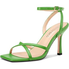 TNYNFBEB Womens Stiletto High Heel Square Toe Sandals Ankle Strap Slingback Cross-Strap Buckle Prom Dress Summer 3.5 Inches Heels
