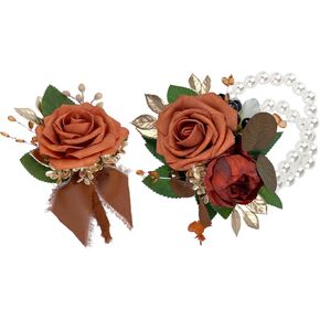 Corsage and Boutonniere Set, Burnt Orange Handmade Artificial Rose Peony Wrist Corsage and Boutonniere for Men Wedding, Bridesmaid Hand Flower for Wedding Prom Suit Decorations in Saudi Arabia