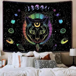 Bzhilja Black Cat Gothic Tapestry Wall Hanging,Psychedelic Colorful Sun and Moon Cool Witch Tarot Wall Art Tapestries, Black and White Tapestry Bedroom Living Room Dorm Wall Decor 60x40