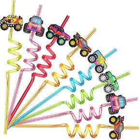 24 Monster Truck Party Favors Reusable Trucks Big Cars Plastic Straws for Monster Trucks Birthday Party Supplies with 2 Cleaning Brushes