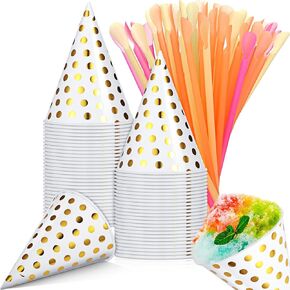 Boao 100 Pieces Snow Cone Cups 4.5 OZ Leakproof Cone Paper Cups Matching 100 Pieces Spoon Straws for Slush Shaved Ice Cream Sorbet Water(Splashing Ink Style)
