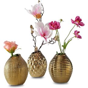 WHW Whole House Worlds Iconic Scandinavian Style Vases, Set of 3, 1 Faceted, 1 Ringed and 1 Diamond Pattern, Silver Glazed Stoneware, Gourd Shaped, 5 Inches High