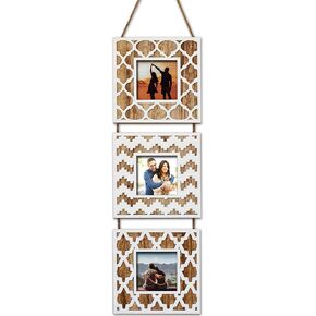 Moorish Damask Moroccan Ethnic Boho 3pcs Collage Picture Frames 3.5x3.5 Inches - Jute Strung Wooden Living Room Bedroom Wall Decorations 6.5x21 Inches Vertical