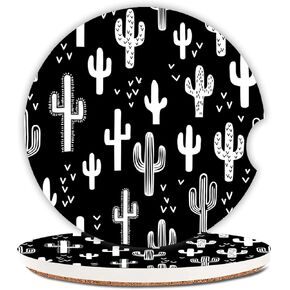 Abstract Ceramic Cup Holders Car Coasters for Women/Men,Absorbent Drink Cup Car Holder Coasters with A Finger Notch 2.56" Pack of 2,Fun Western Cactus Black White Monochromatic Arizona Botanical