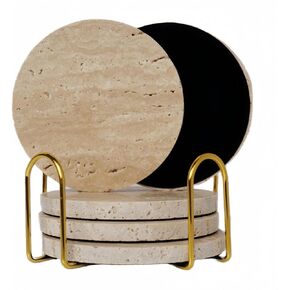 Italy Travertine Marble Coasters with Holder [5 Pcs] Round Beige Stone Drink Coasters Backed with Velvet for Coffee Table Protection, Luxury Modern Coaster Set Ideal Home Decor and Gift