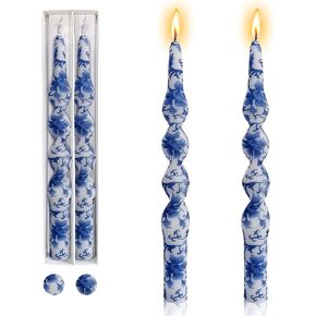 Print Candlesticks Spiral Candles - Set of 2 Blue and White Taper Candle Handmade Twisted Candle 10 Inch Long Candle Sticks Colorful Tapered Candles for Women Gifts(1D2T-BLUWHT)