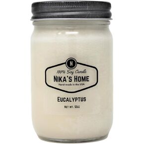 Nika's Home Eucalyptus Soy Candle - 12oz Mason Jar - Non-Toxic Soy Candle-Hand Poured Candle- Handmade, Long Burning Candle-Highly Scented Candle-All Natural, Clean Burning Candle