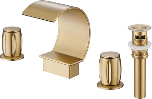 Mondawe High Arc Faucet for Bathroom Sink, Commercial Bathroom Sink Faucet 3 Holes with 2 Knobs, Brushed Gold Faucet Waterfall with Pop Up Drain in Saudi Arabia