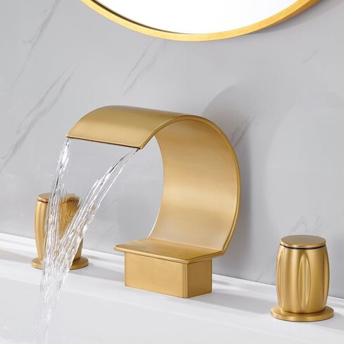 Mondawe High Arc Faucet for Bathroom Sink, Commercial Bathroom Sink Faucet 3 Holes with 2 Knobs, Brushed Gold Faucet Waterfall with Pop Up Drain in Saudi Arabia
