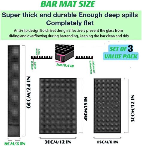 WANGCHAO Bar Mat Set Rubber Bar Service Spill Mat 3-Pack Dish Drying mat Bar mat for Cocktail Bartender and Counter Top (Black 18" x 12"x0.4"+23" x 3"x0.4"+12" x 6"x0.4") in Saudi Arabia