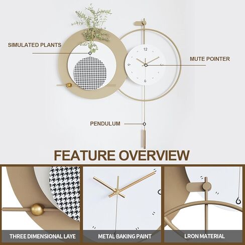 ساعة حائط حديثة كبيرة لغرفة المعيشة، ساعة حائط مزخرفة مع بطارية بندول صامتة تعمل بديكور جداري معدني ل/غرفة النوم/المدخل/الممرات/ديكور المواقد in Kuwait