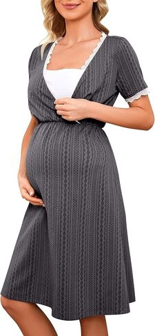 LUOFEN المرأة الأمومة فستان رضاعة عادية الخامس الرقبة الرضاعة الطبيعية الدانتيل فساتين مضلع متماسكة الصيف ميدي ملابس الحمل in Kuwait