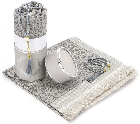Muslim Prayer Rug and Prayer Beads with Elegant Cylinder Gift Box | Janamaz | Sajadah | Soft Islamic Prayer Rug | Islamic Gifts Set | Prayer Carpet Mat, Taffeta Fabric, Black in Saudi Arabia