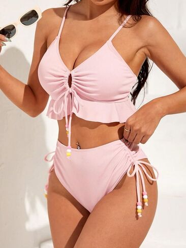 MakeMeChic Women's 2 Piece Bikini Sets Ruffle Drawstring Tie Side High Waisted Swimsuit Bathing Suit in Saudi Arabia