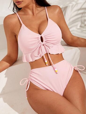 MakeMeChic Women's 2 Piece Bikini Sets Ruffle Drawstring Tie Side High Waisted Swimsuit Bathing Suit in Saudi Arabia