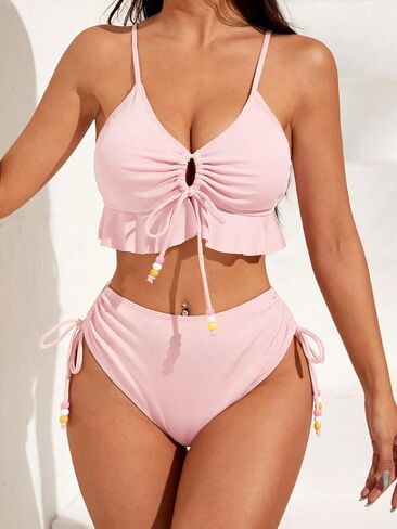 MakeMeChic Women's 2 Piece Bikini Sets Ruffle Drawstring Tie Side High Waisted Swimsuit Bathing Suit in Saudi Arabia
