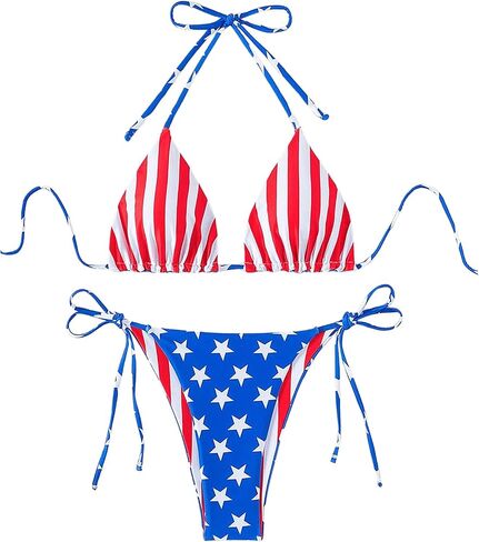 GORGLITTER Women's American Flag Bikini Sets String High Cut Thong Halter Triangle Top Swimsuit Bathing Sui in Saudi Arabia