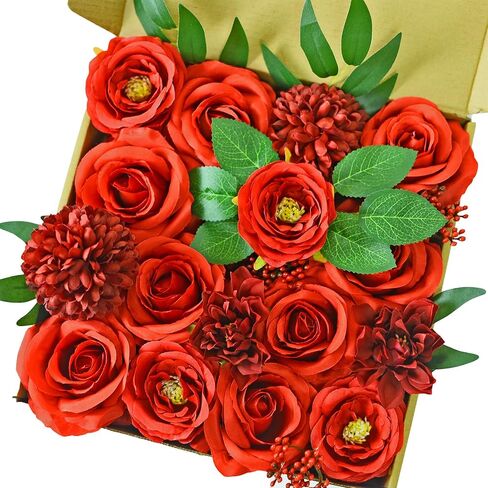 مجموعة زهور صناعية من SWEETTIME، باقة ورود حمراء، حزمة رأس ورد صناعي بأوراق خضراء، تنسيقات زهور لقطع مركزية لحفلات الزفاف بنفسك، والحفلات وديكور المنزل في أعياد الميلاد، وعيد الشكر، وعيد الميلاد in Kuwait