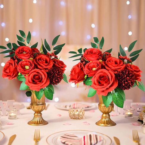 مجموعة زهور صناعية من SWEETTIME، باقة ورود حمراء، حزمة رأس ورد صناعي بأوراق خضراء، تنسيقات زهور لقطع مركزية لحفلات الزفاف بنفسك، والحفلات وديكور المنزل في أعياد الميلاد، وعيد الشكر، وعيد الميلاد in Kuwait