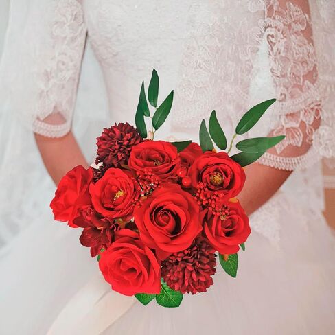 مجموعة زهور صناعية من SWEETTIME، باقة ورود حمراء، حزمة رأس ورد صناعي بأوراق خضراء، تنسيقات زهور لقطع مركزية لحفلات الزفاف بنفسك، والحفلات وديكور المنزل في أعياد الميلاد، وعيد الشكر، وعيد الميلاد in Kuwait