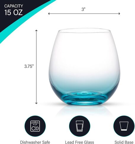 JoyJolt HUE Stemless Wine Glass Set. Large, 15 oz, Stemless, Set of 6. Short Wine Tumblers for White Wine, Red Wine, Water, No Stem Margarita Glasses, Colored in Saudi Arabia