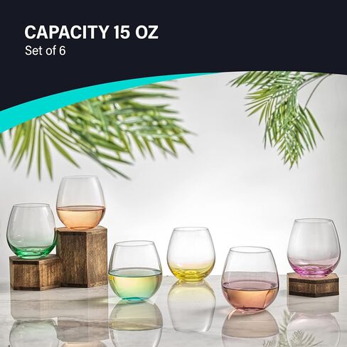 JoyJolt HUE Stemless Wine Glass Set. Large, 15 oz, Stemless, Set of 6. Short Wine Tumblers for White Wine, Red Wine, Water, No Stem Margarita Glasses, Colored in Saudi Arabia