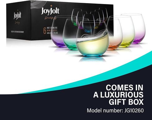 JoyJolt HUE Stemless Wine Glass Set. Large, 15 oz, Stemless, Set of 6. Short Wine Tumblers for White Wine, Red Wine, Water, No Stem Margarita Glasses, Colored in Saudi Arabia