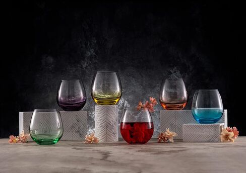 JoyJolt HUE Stemless Wine Glass Set. Large, 15 oz, Stemless, Set of 6. Short Wine Tumblers for White Wine, Red Wine, Water, No Stem Margarita Glasses, Colored in Saudi Arabia