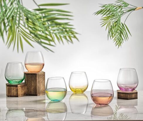 JoyJolt HUE Stemless Wine Glass Set. Large, 15 oz, Stemless, Set of 6. Short Wine Tumblers for White Wine, Red Wine, Water, No Stem Margarita Glasses, Colored in Saudi Arabia