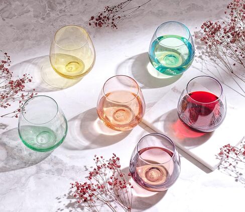 JoyJolt HUE Stemless Wine Glass Set. Large, 15 oz, Stemless, Set of 6. Short Wine Tumblers for White Wine, Red Wine, Water, No Stem Margarita Glasses, Colored in Saudi Arabia