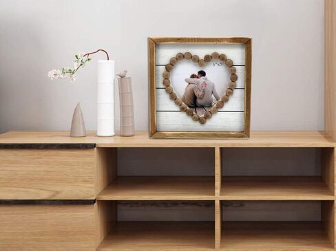 إطار صورة منضدية من الخشب الريفي لبيت المزرعة، إطار صورة مقصوص على شكل قلب مع لمسة خرز خشبية، إطار صورة مربع واحد مناسب للصور مقاس 5x5 بوصة، 7.75 × 7.75 بوصة in Kuwait