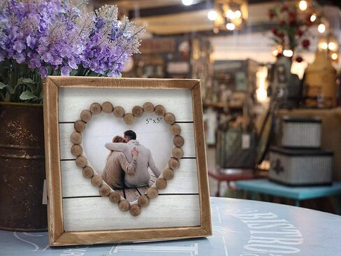 إطار صورة منضدية من الخشب الريفي لبيت المزرعة، إطار صورة مقصوص على شكل قلب مع لمسة خرز خشبية، إطار صورة مربع واحد مناسب للصور مقاس 5x5 بوصة، 7.75 × 7.75 بوصة in Kuwait