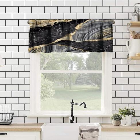 Marble Window Valance Curtain Texture Line Black Gold Abstract Short Curtain Rod Pocket Dining Room Cafe Bedroom Kitchen Living Room Office 54x18in in Saudi Arabia