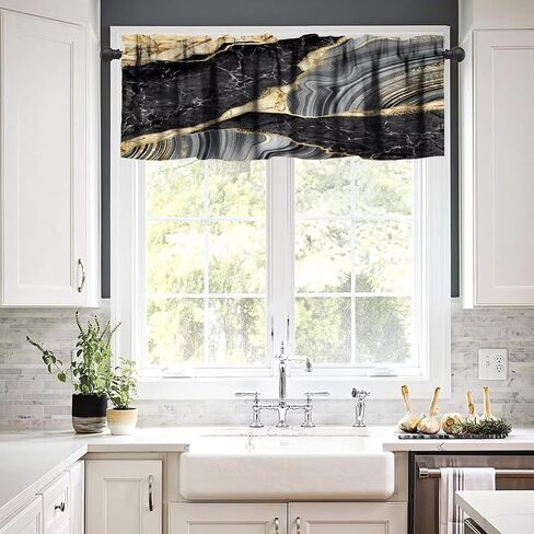 Marble Window Valance Curtain Texture Line Black Gold Abstract Short Curtain Rod Pocket Dining Room Cafe Bedroom Kitchen Living Room Office 54x18in in Saudi Arabia
