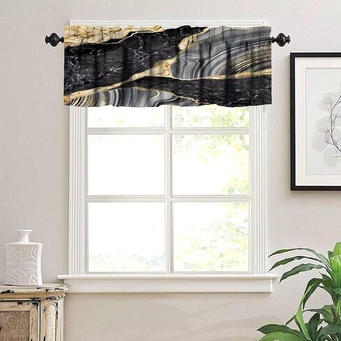 Marble Window Valance Curtain Texture Line Black Gold Abstract Short Curtain Rod Pocket Dining Room Cafe Bedroom Kitchen Living Room Office 54x18in in Saudi Arabia