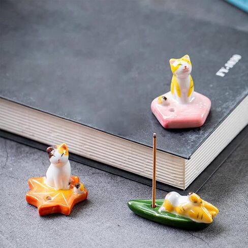Set of 2, Japanese Mini Cute Kitty Cat with Dog Handmade White Ceramic Incense Stick Holder or Incense Burner Holder, Inscent Tray for Home Decor Yoga Spa Meditation, 1.42 inches in Kuwait
