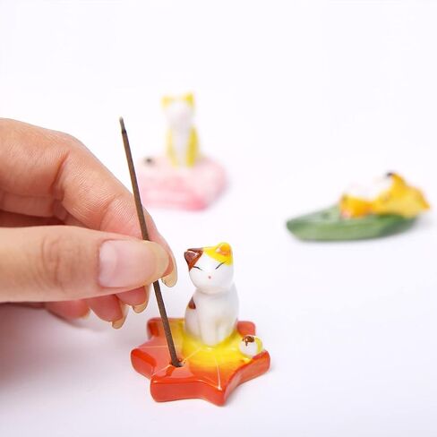 Set of 2, Japanese Mini Cute Kitty Cat with Dog Handmade White Ceramic Incense Stick Holder or Incense Burner Holder, Inscent Tray for Home Decor Yoga Spa Meditation, 1.42 inches in Kuwait